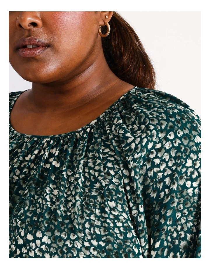 Recycled Poly Blend Gathered Neck Top in Dark Green