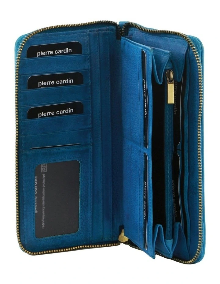 Leather Zip Around Wallet Wristlet in Aqua