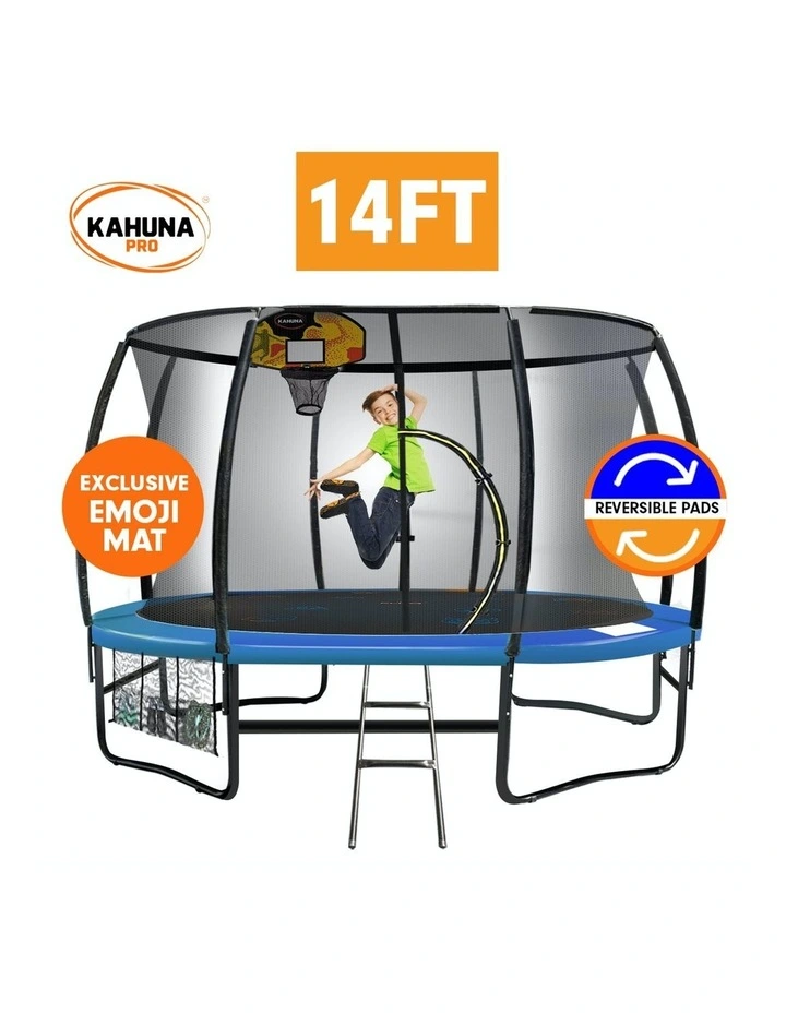 Kahuna Trampoline Pro 14ft Reversible pad, Emoji Mat, Basketball Set