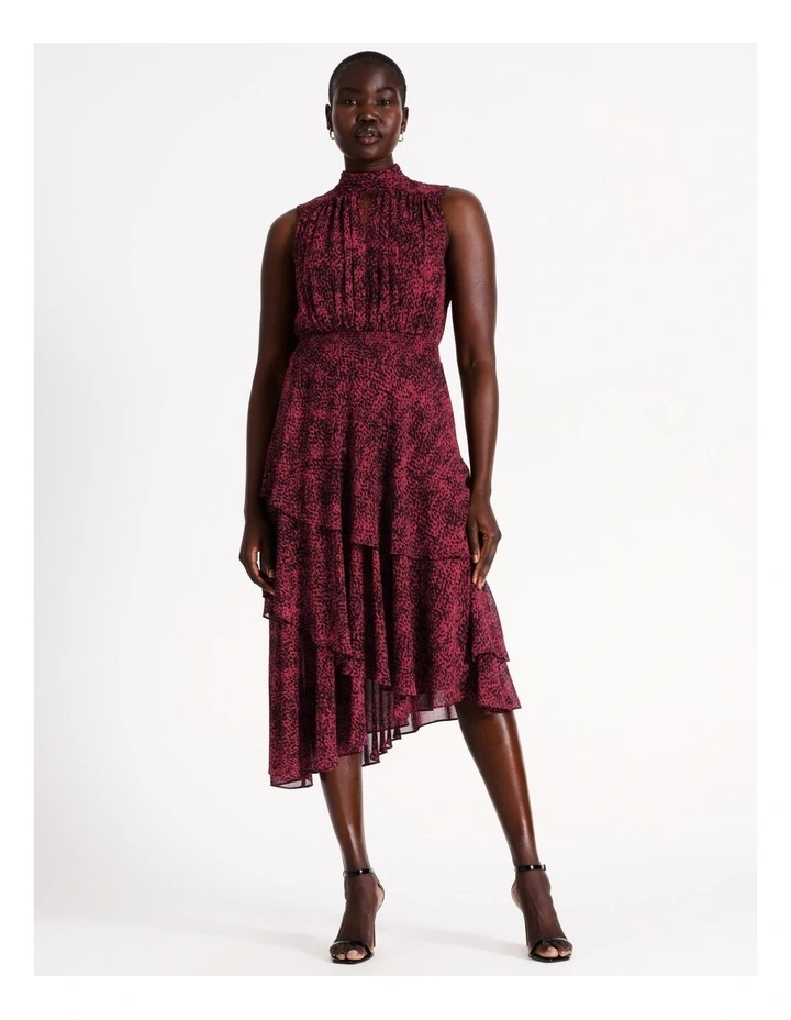 Ruffle Hem Midi Dress in Crimson