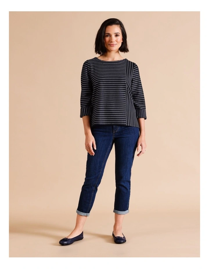 3/4 Cuffed Panelled Tee In Navy/ White