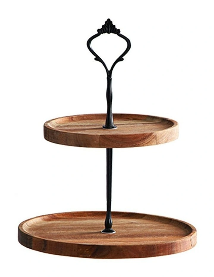 Round Wooden Dessert Tray 2 Tier 15cm in Brown