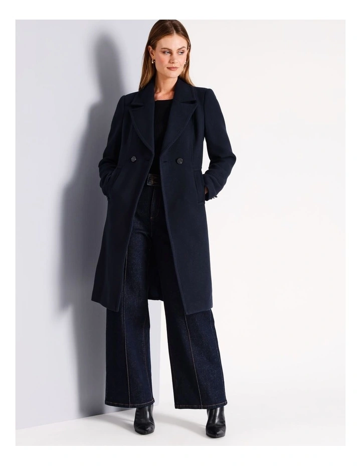 Double Breasted Cut Away Crombie Coat in Navy