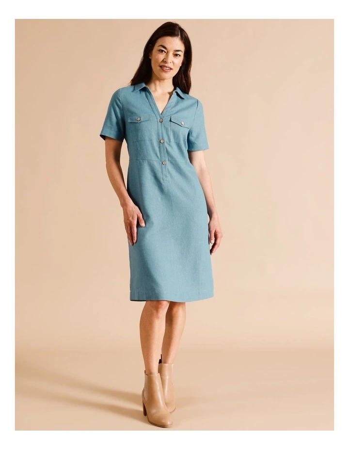 European Linen Blend Short Sleeve Shirt Dress in Blue/Green Texture