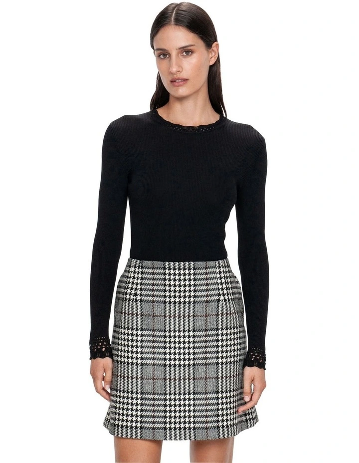 Long Sleeve Lace Trim Knit in Black