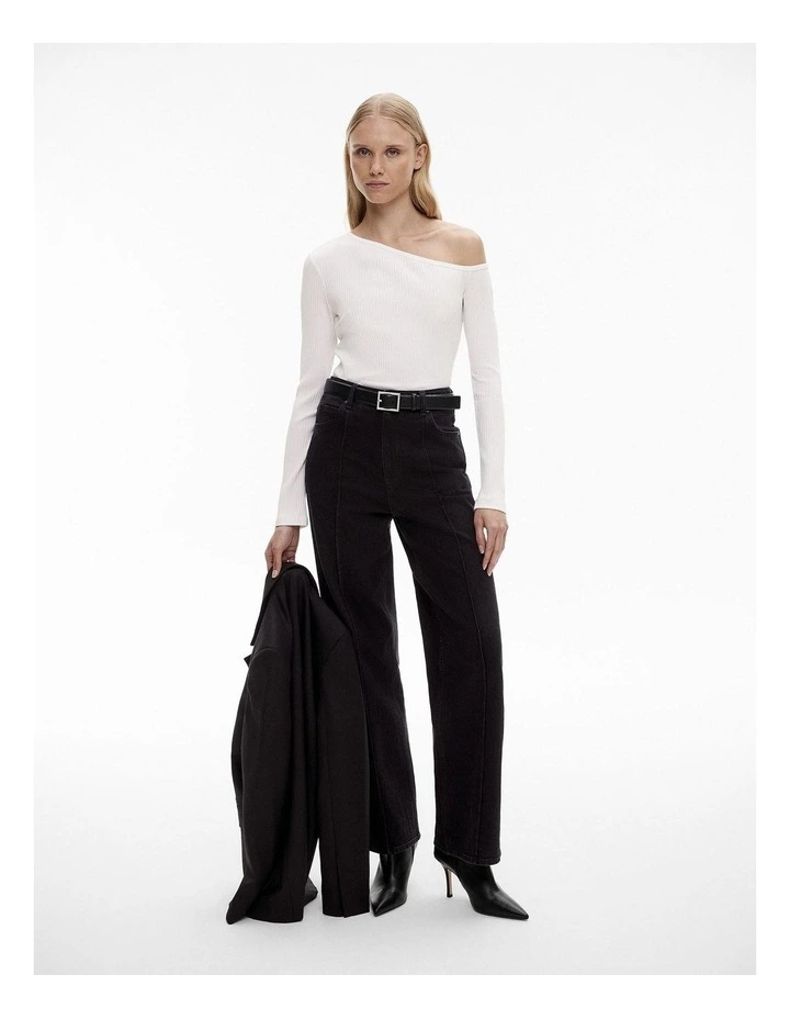 Cotton Blend Rib Asymmetric Top in Pure White