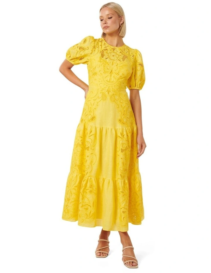 Lottie Broderie Midi Dress in Yellow
