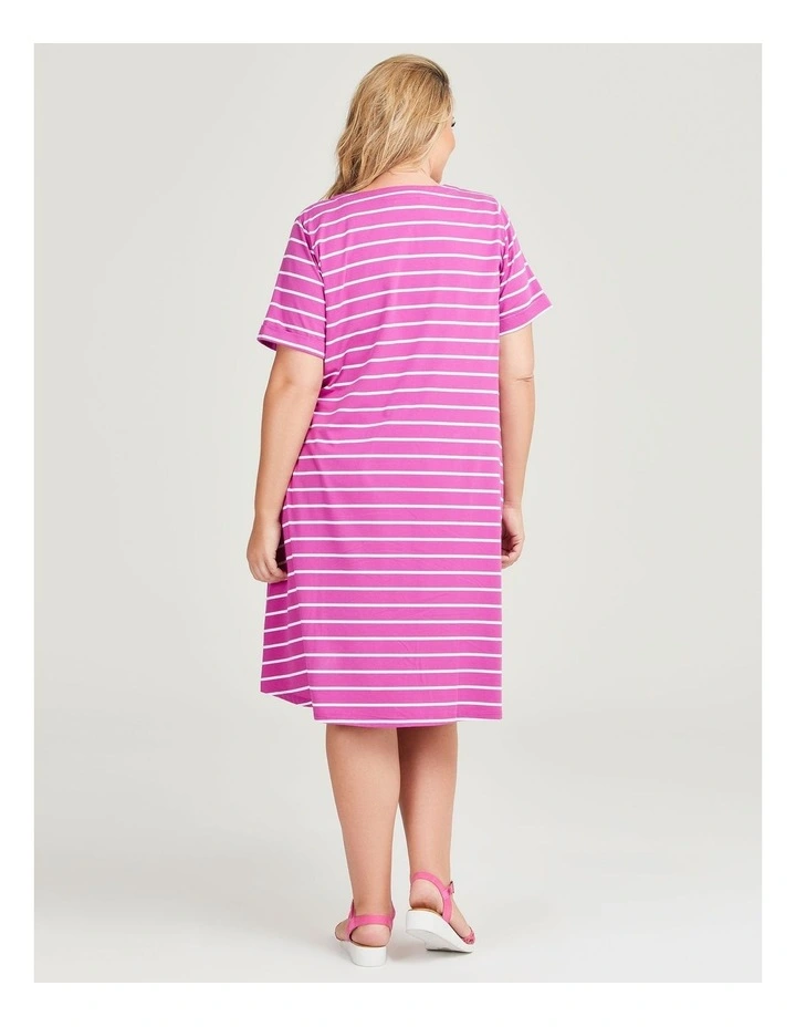 Cotton V-neck Stripe Dress in Plum/White