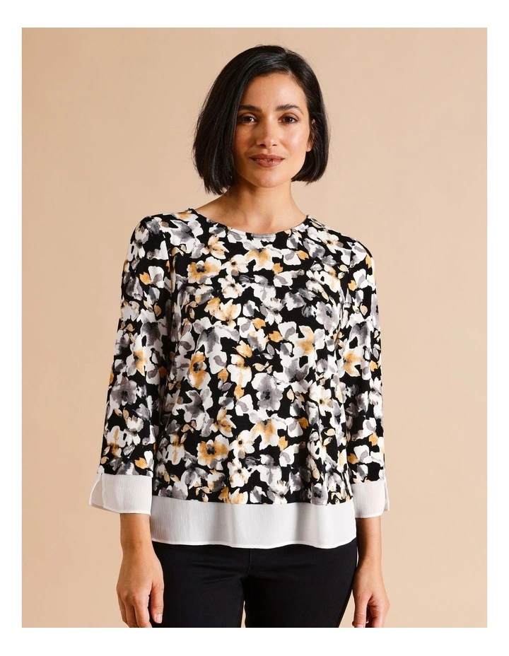 Sustainable Viscose Blend Sheer Trim 3/4 Sleeve Tee in Ochre/Black Floral