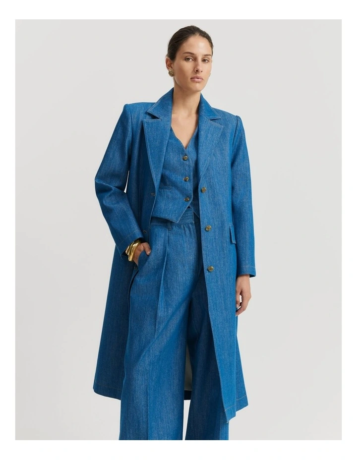 Longline Denim Blazer in Mid Blue Wash
