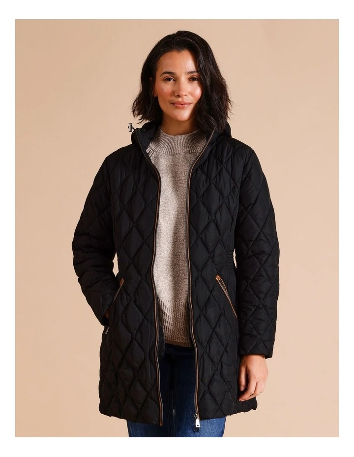 Recycled Polyester Longline Quilted Jacket With PU Trim in Black