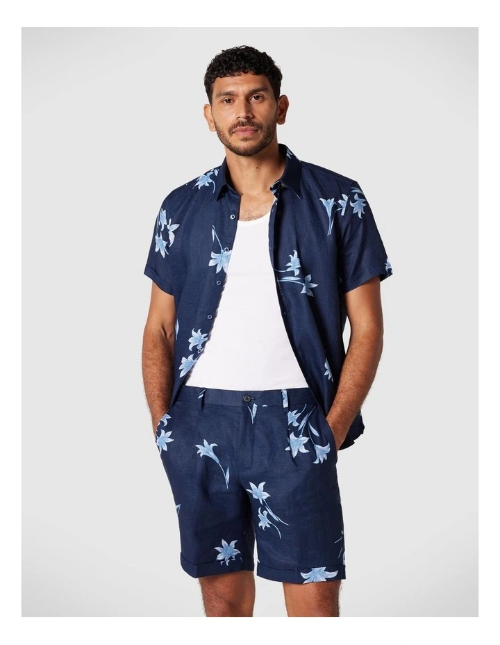 Printed Floral Linen Shirt in Navy/White