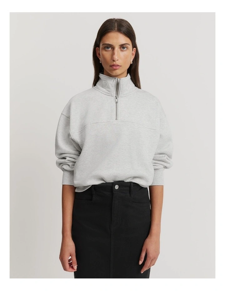 Australian Cotton Zip Collar Sweat Top in Light Grey Marle