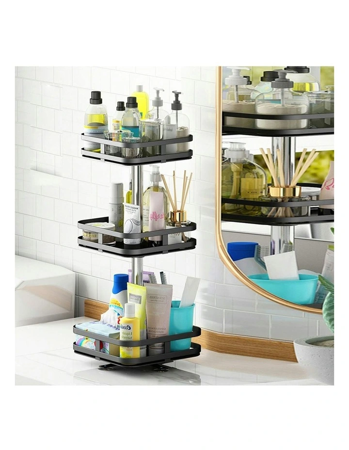 Steel Square Rotating Multi-Function Kitchen Storage 3 Tier in Black