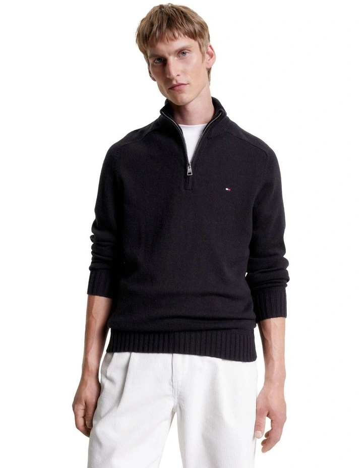 Multi Heather Merino Zip Mock Knit in Black