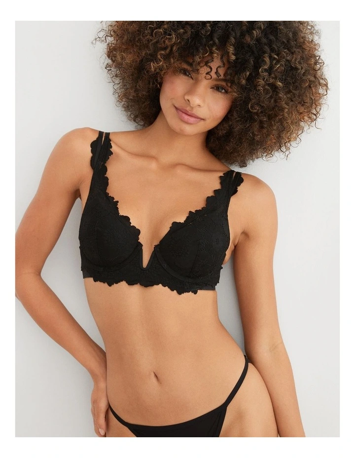 Real Power Plunge Push Up Poppy Lace Bra in True Black