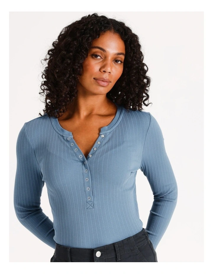 Organic Blend Long Sleeve Henley Tee in Dusty Blue