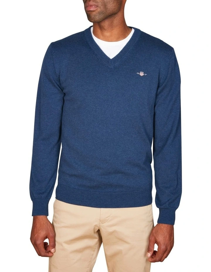 Cotton Wool V-Neck Sweater in Marine Melange