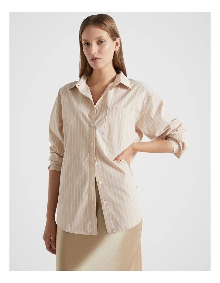 Poplin Pocket Front Shirt in Champagne Beige Stripe