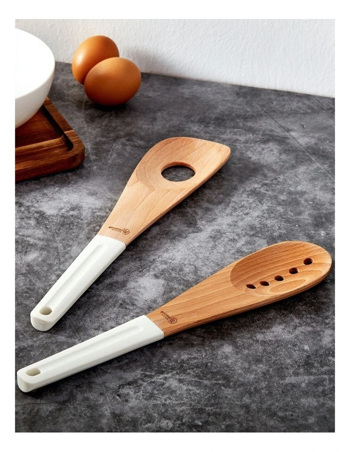 Modern Beech Wood Spoon Set with Silicone Grip 2 Piece in White