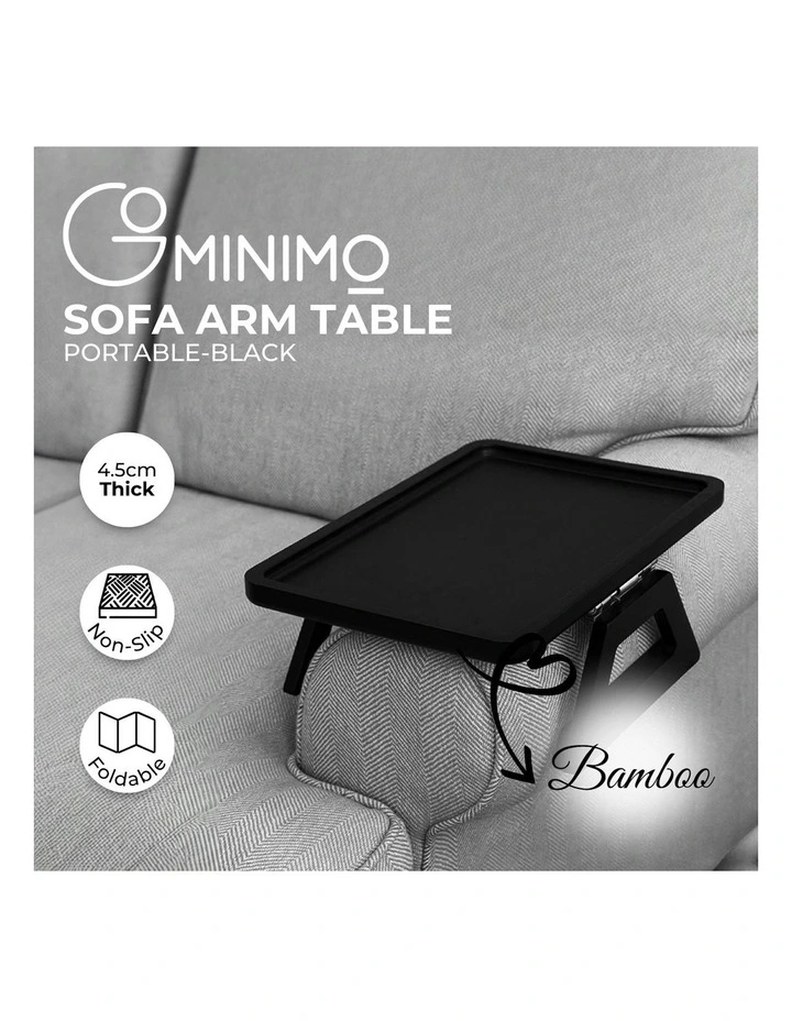 Portable Non-Slip Bamboo Sofa Arm Tray for Wide Couches in Black
