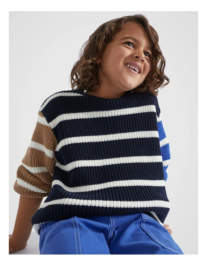 Colourblock Crew Knit in Midnight Blue