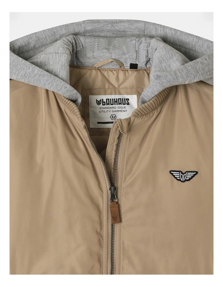 Woven Bomber Jacket With Hood in Tan
