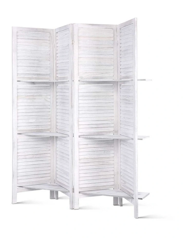 4 Panel Room Divider Screen 163x170cm Shelf in White