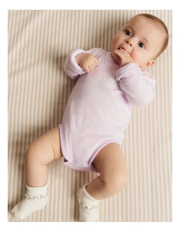 Organically Grown Cotton Heritage Long Sleeve Bodysuit in Lilac Stripe