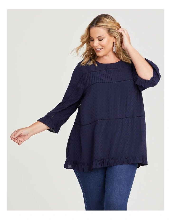 Natural Dobby Frill Top in Navy