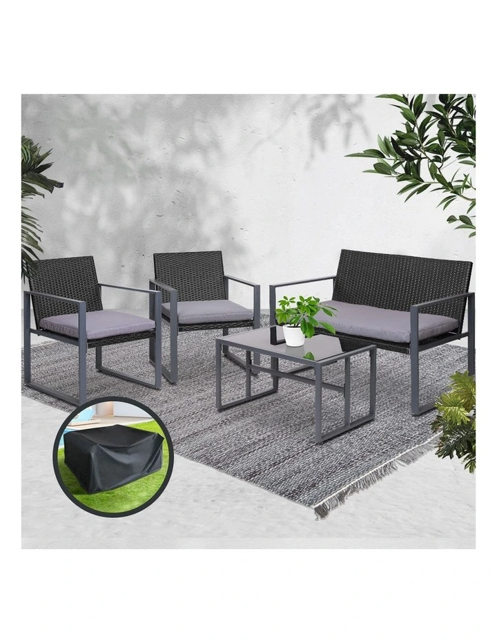 Outdoor Sofa Set 4 PCS Rattan Furniture with Storage Cover Chairs in Black