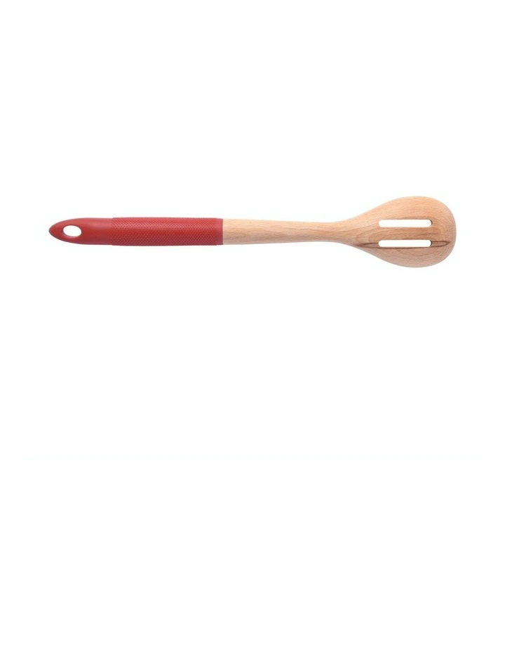 Rustic Beech Wood Slotted Spoon with Silicone Grip 35x6.1x2.8cm in Red