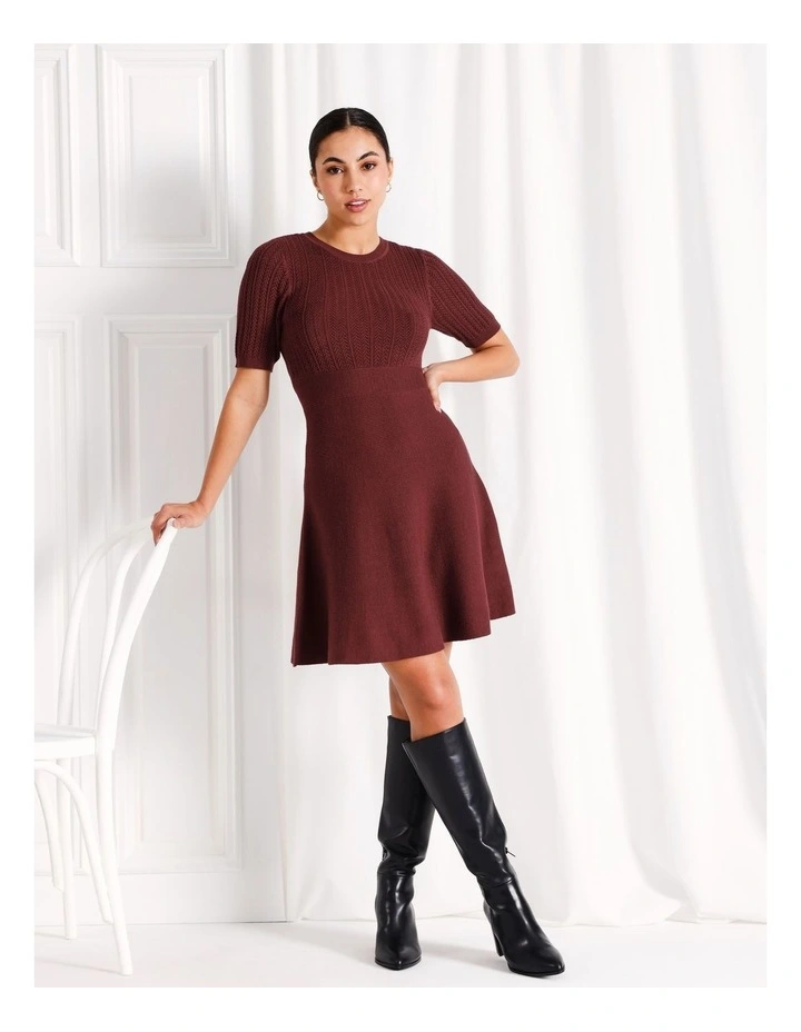 Pointelle Fit And Flare Knit Mini Dress in Wine