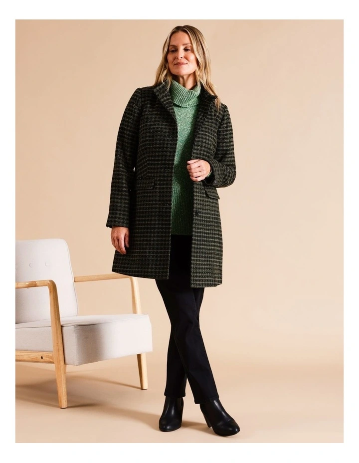 Lined Check Coat With Stand Neck in Charcoal/Greens Small Check