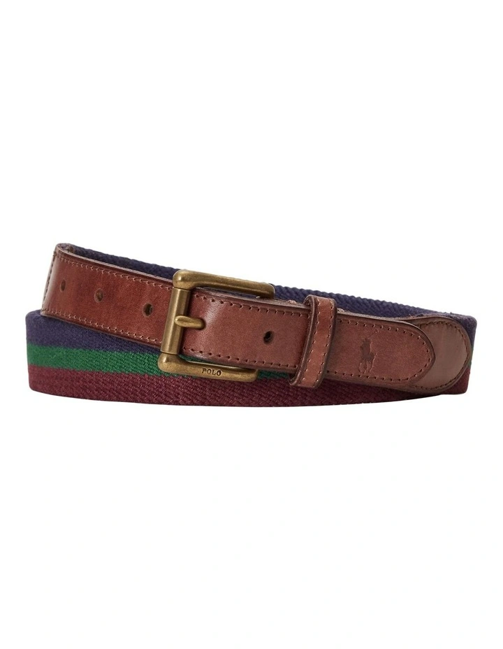 Leather-Trim Striped Belt in Navy