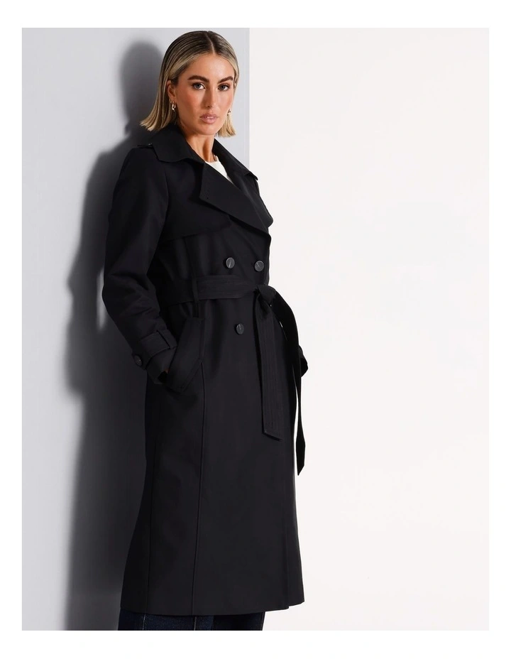 Organic Cotton Blend Structured Trench Coat in Black