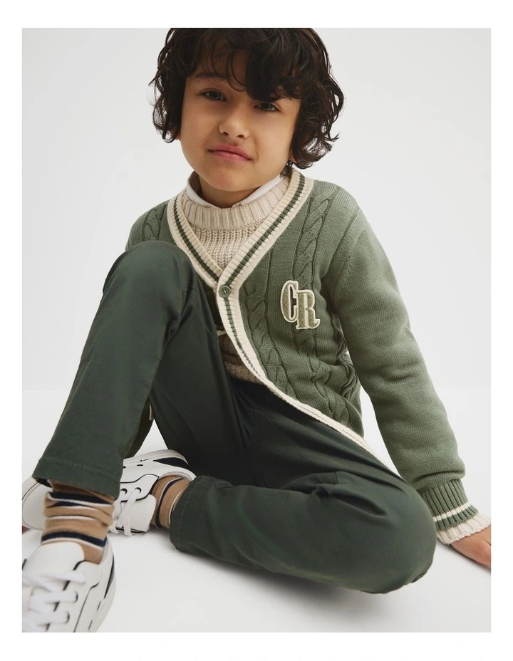 Organically Grown Cotton Varsity Cardigan in Khaki Green