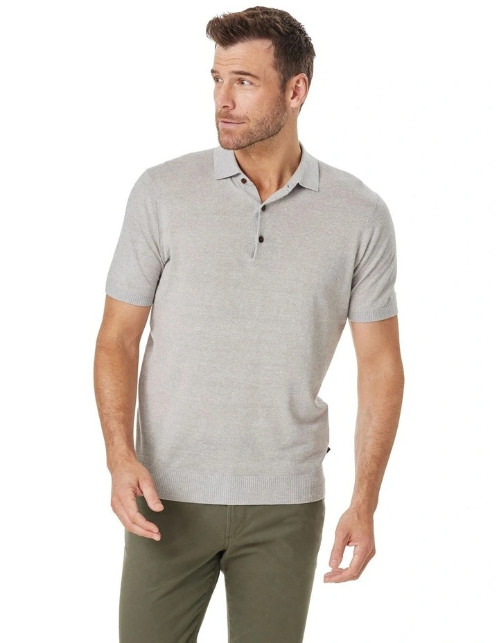 Cotton Linen Knit Polo in Grey Marle