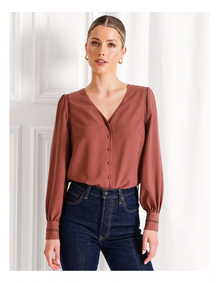 Lace Trim V-Neck Button Front Top in Rouge