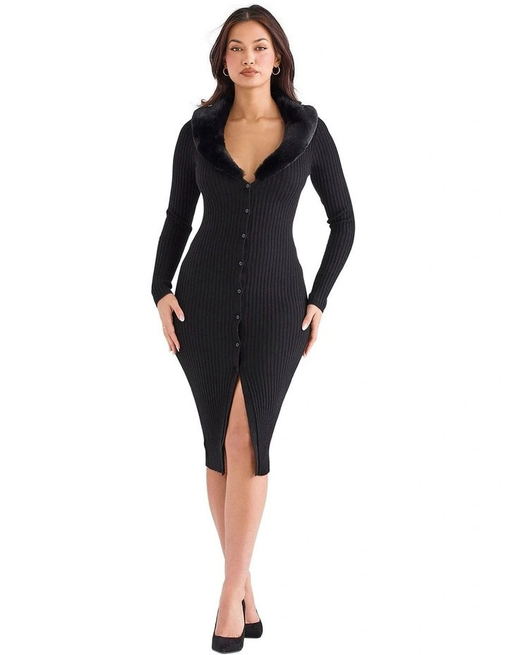Raine Faux Fur Trim Dress in Black