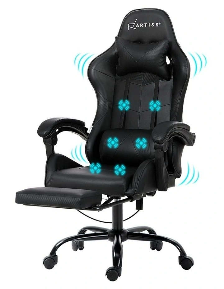 Leather Gaming Massage Office Chair with Footrest in Black