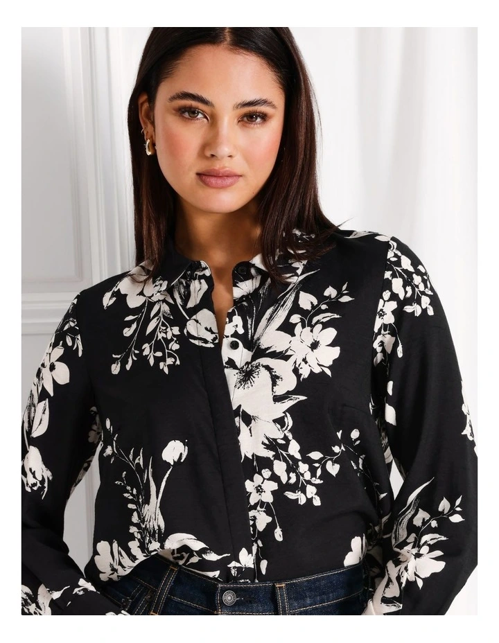 Printed Longline Shirt in Black