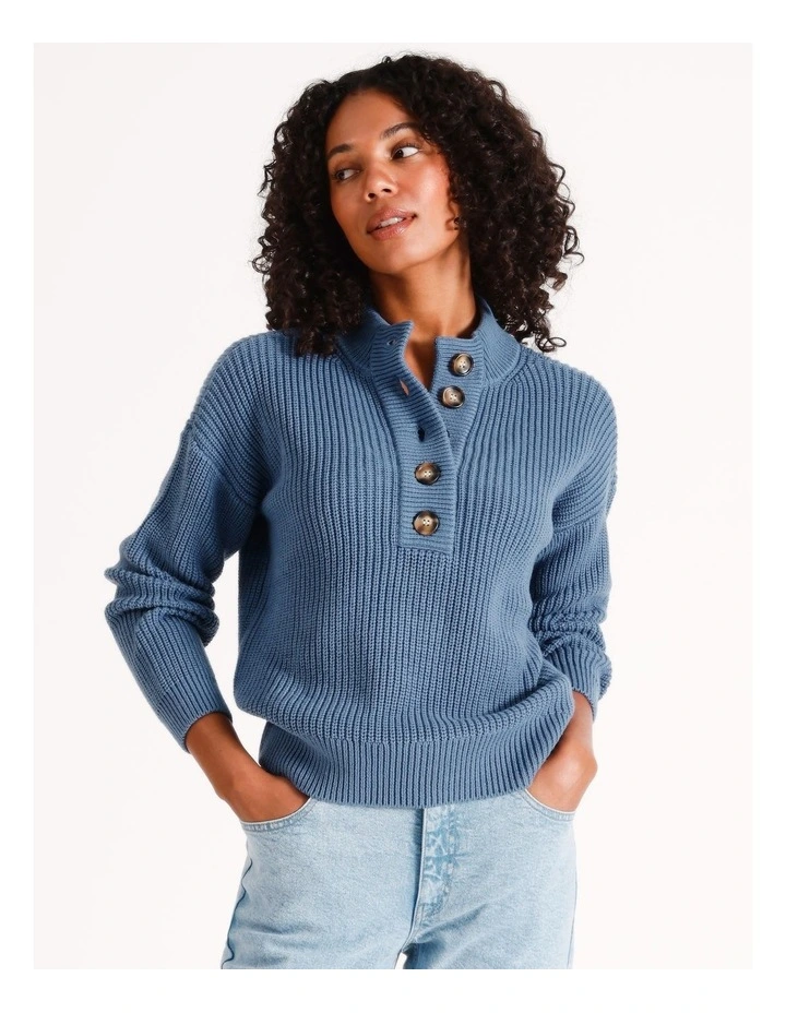 Button Neck Jumper in Dusty Blue