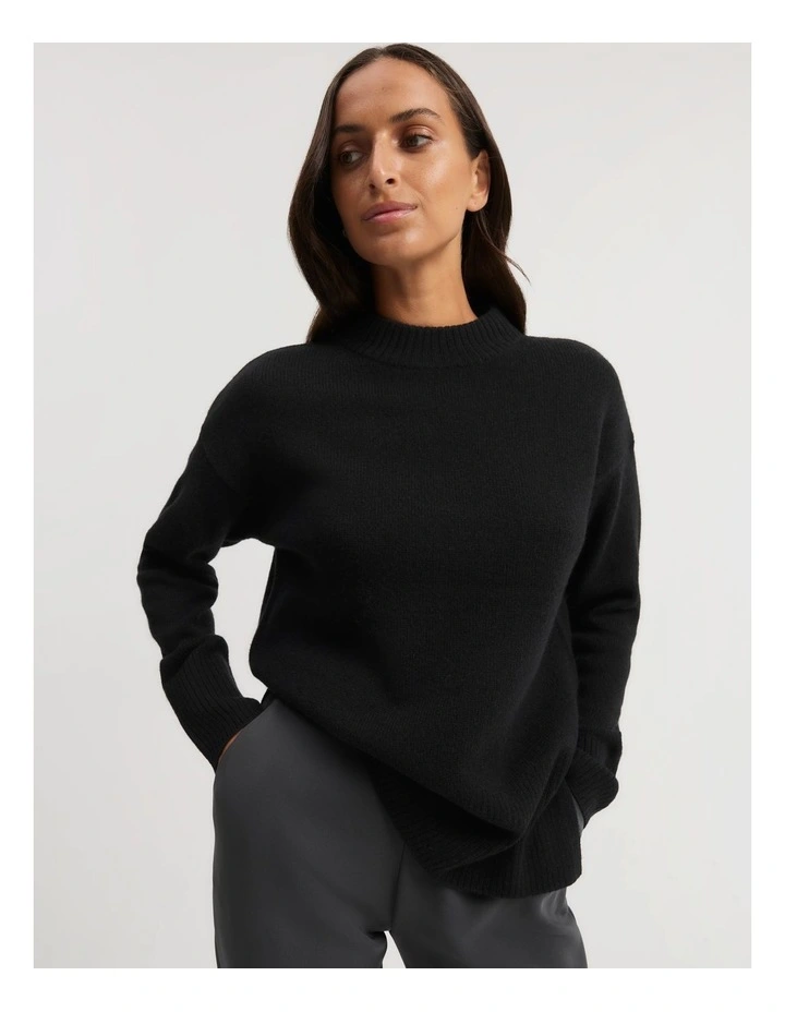 Australian Merino Wool Rib Detail Pullover in Black
