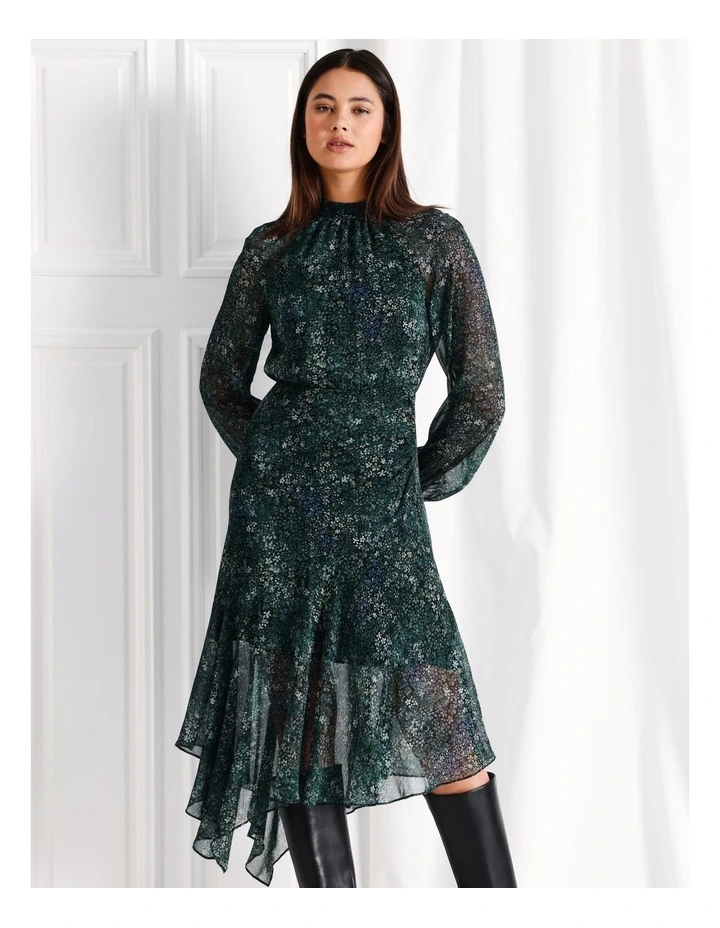 Asymmetrical Long Sleeve Midi Dress in Dark Green