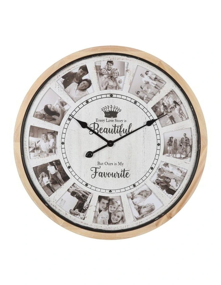 Hamptons Photo Gallery Collage Wall Clock 70cm in Distressed White/Natural