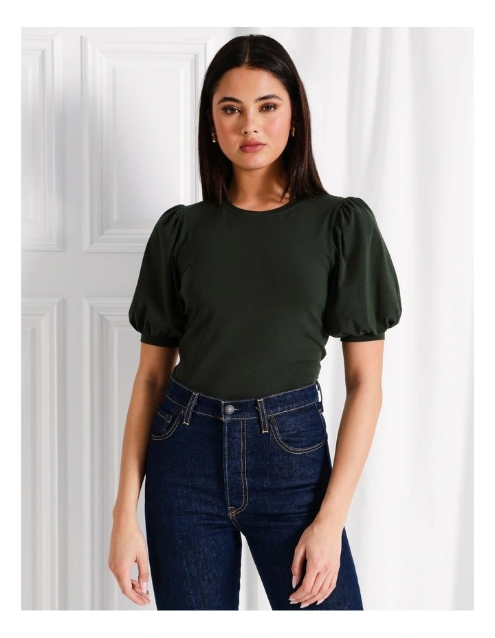 Puff Sleeve Organic Cotton Blend Tee in Dark Green