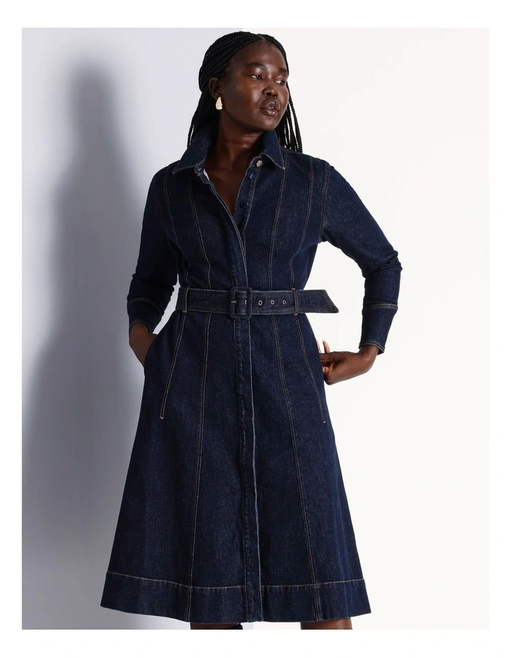 Recycled Cotton Denim Midi Shirt Dress in Indigo
