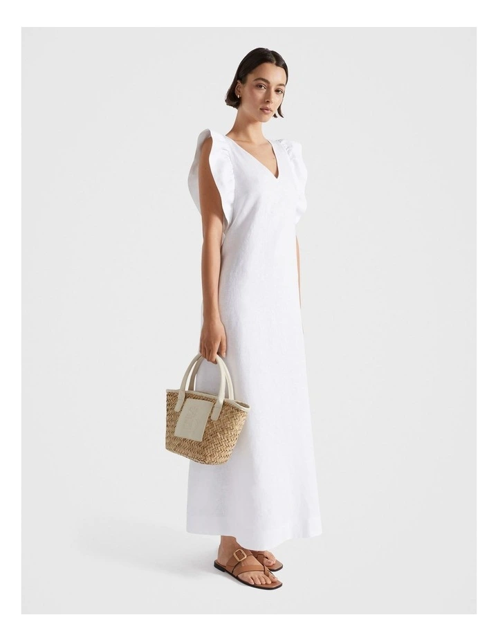 Linen Frill Sleeve Column Dress in White