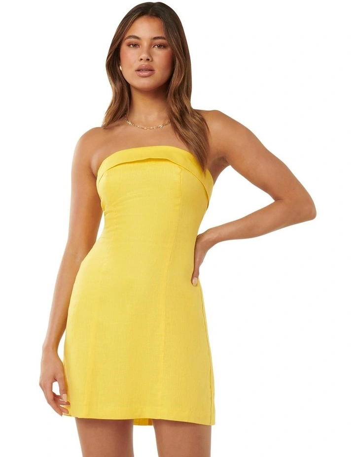 Sadie Strapless Linen Mini Dress in Yellow